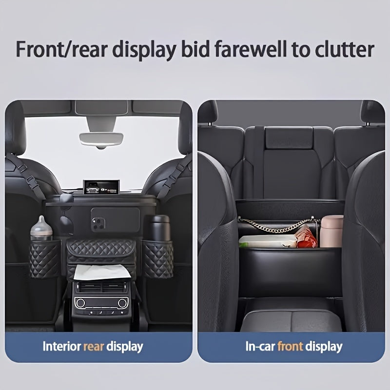PU Leather Car Seat Back Organizer with Multi-Pocket Storage Waterproof Durable Black Quilted