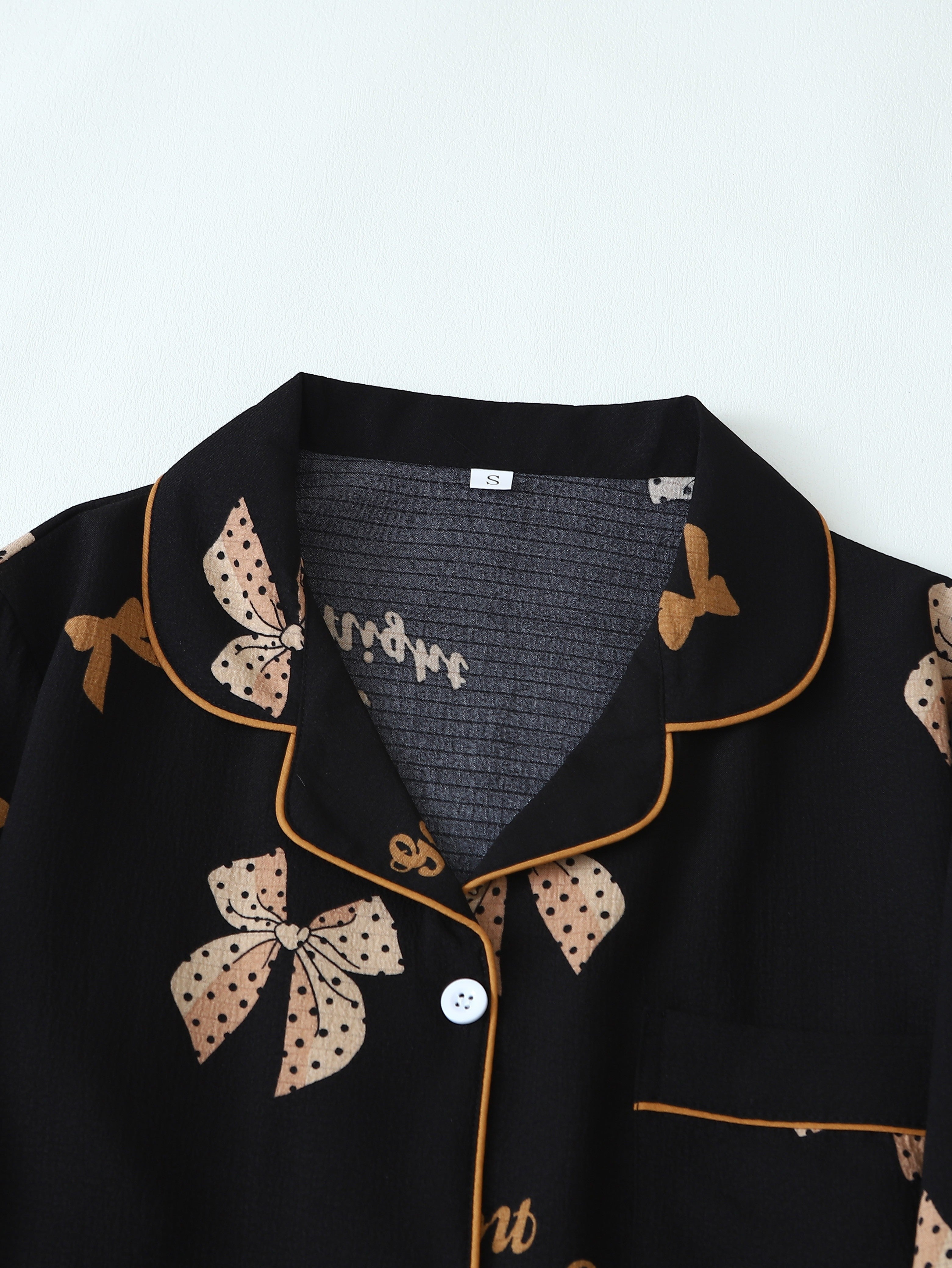 Teen Girl Pajama Set with Bow Print Soft Polyester Lounge Sleepwear