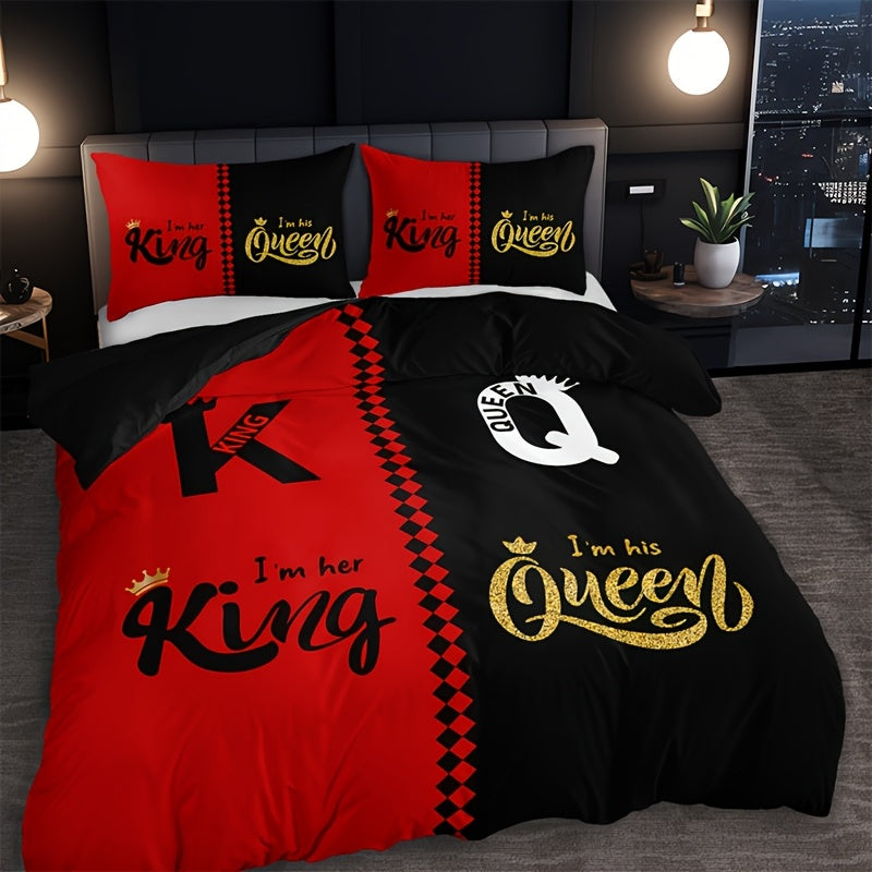 Black and Grey Duvet Cover Set with Crown Lettering Design Includes 1 Duvet Cover and 2 Pillowcases