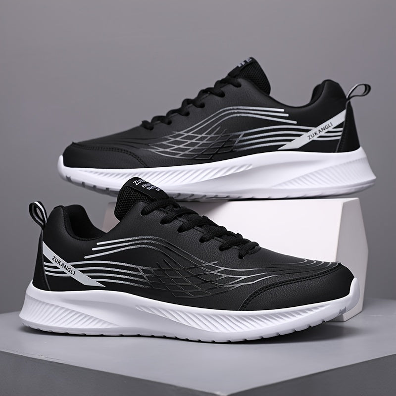 Men's Low Top Sneakers with Lace-Up Closure Durable PU Upper Solid Color Casual Shoes