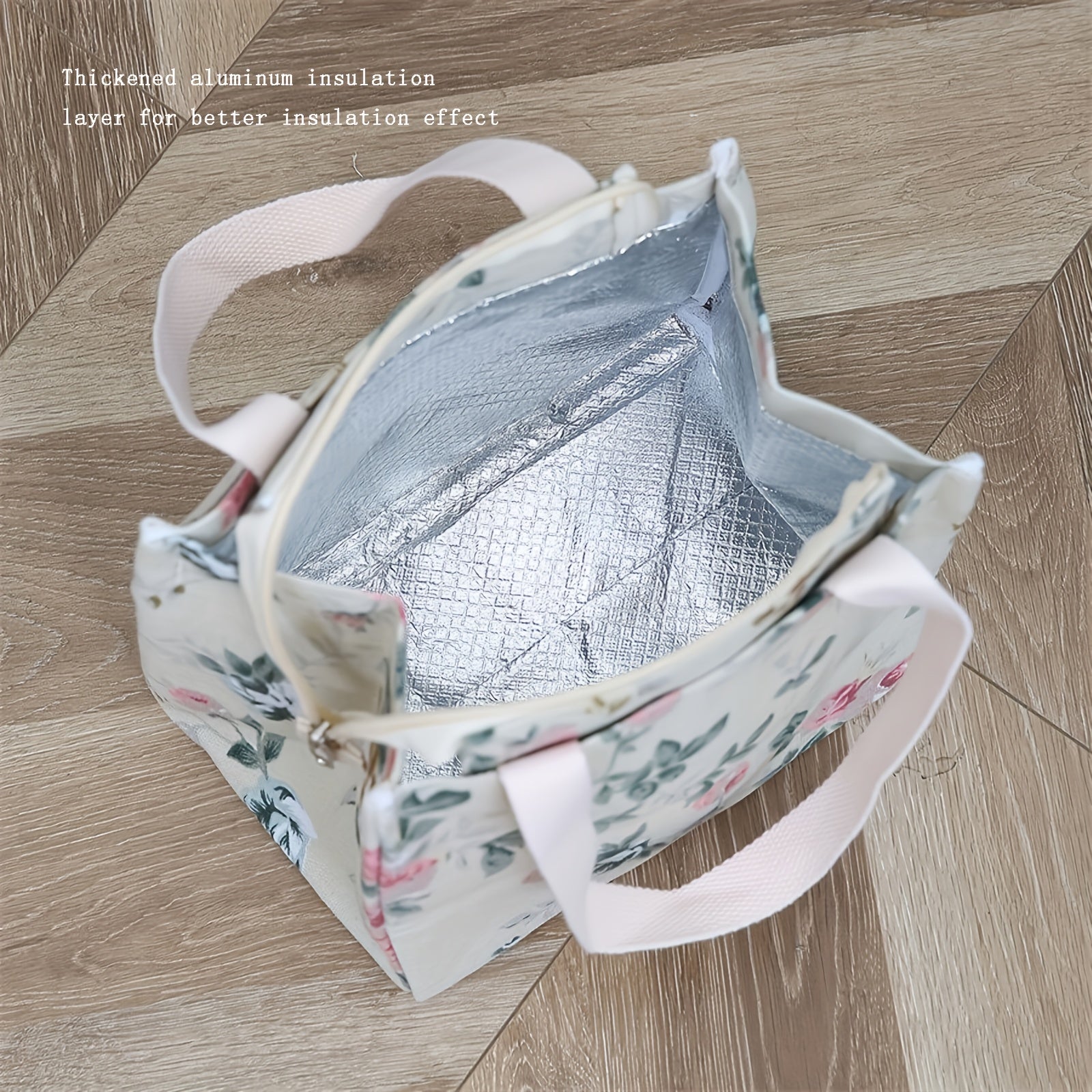 Gul naqshli polyester tushlik sumkasi - alyuminiy folga bilan izolyatsiyalangan, pikniklar, sayohat, ish yoki maktab uchun qo'l bilan yuviladigan termal sumka - tushlik qutisi uchun ko'p funksiyali portativ tashuvchi - izolyatsiyalangan tushlik sumkasi