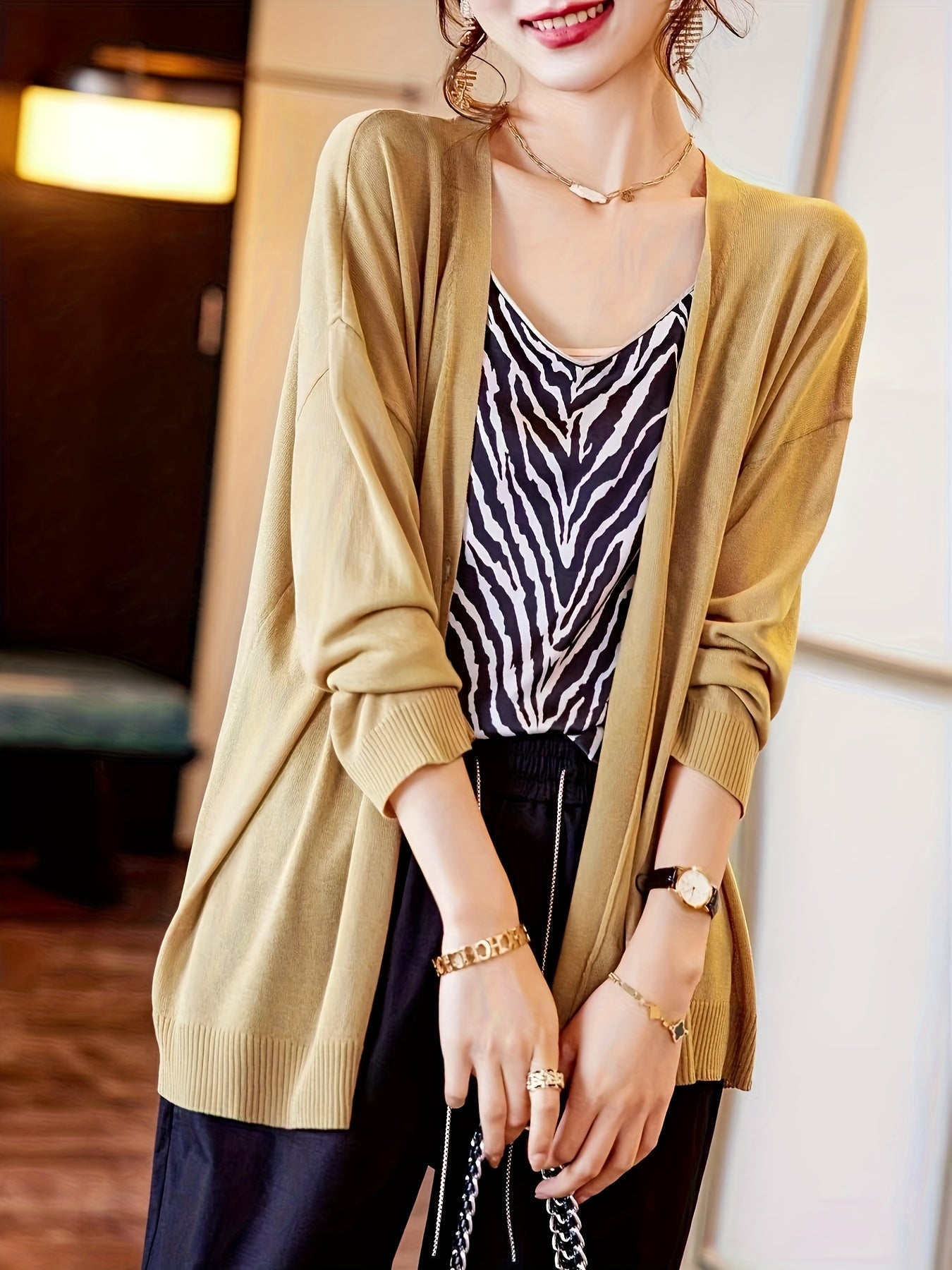 Plus Size Women's V-Neck Cardigan Lightweight Beige Open Front Sweater