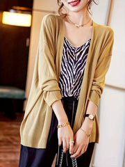 Plus Size Women's V-Neck Cardigan Lightweight Beige Open Front Sweater