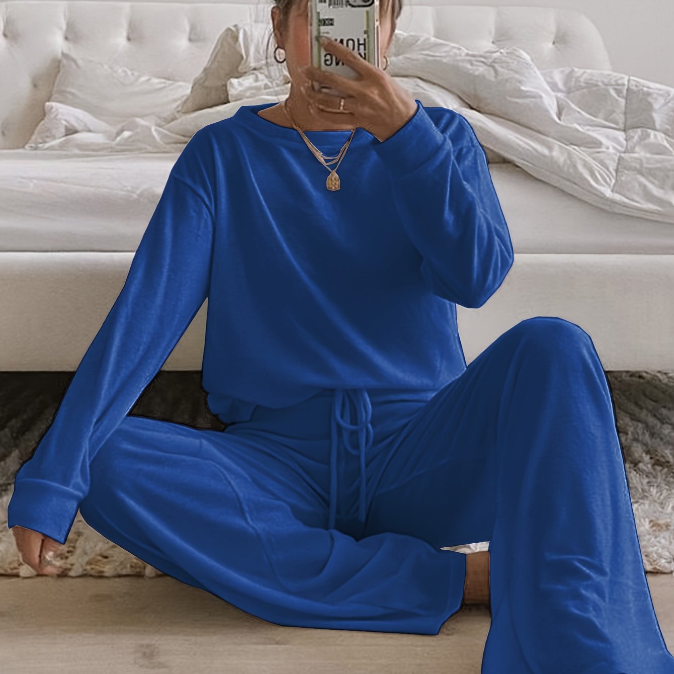 Women's Brushed Fabric Loungewear Set in Solid Color with Crew Neck and Long Pants for Fall Winter