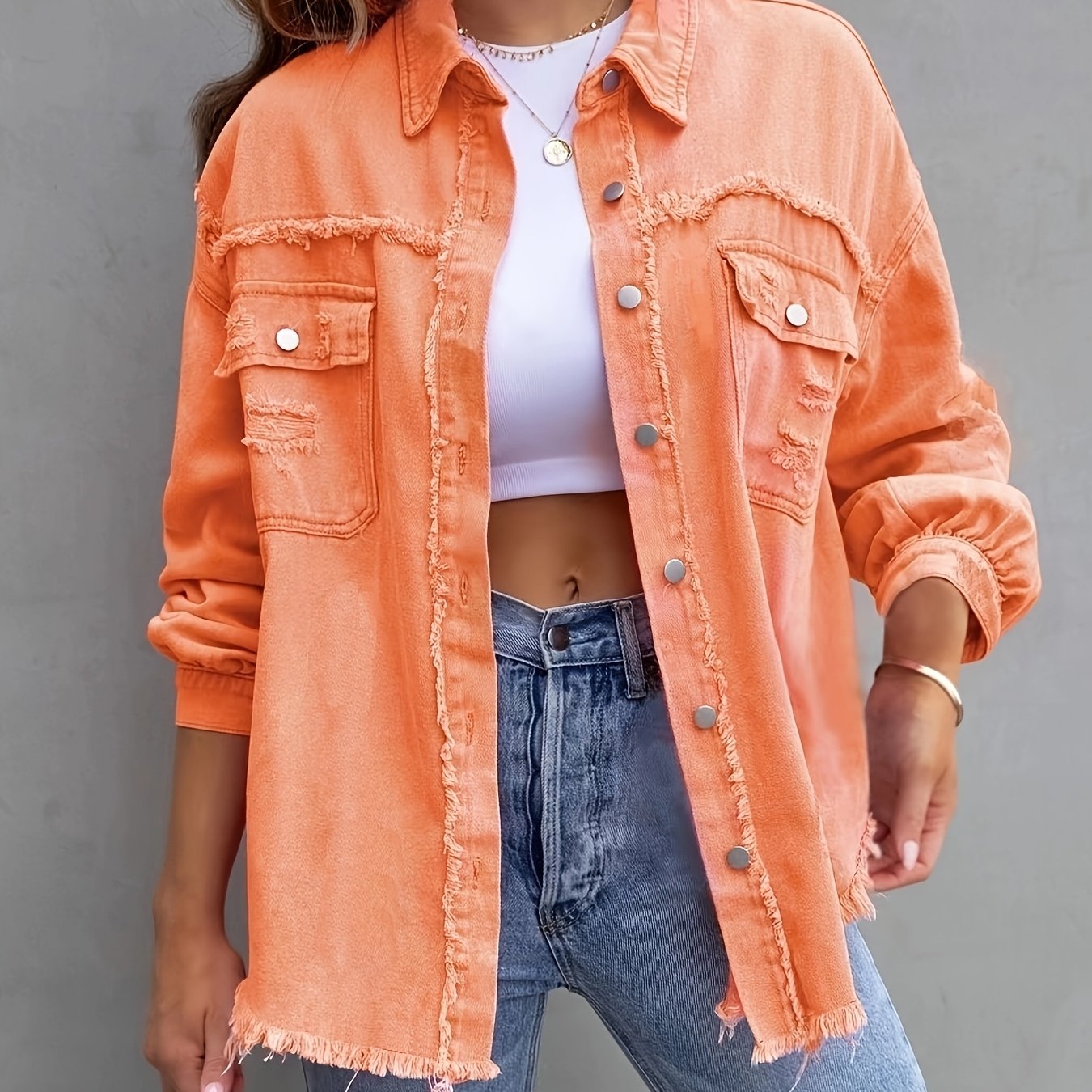 Chaqueta de mezclilla naranja de talla grande para mujer con flecos y estilo callejero