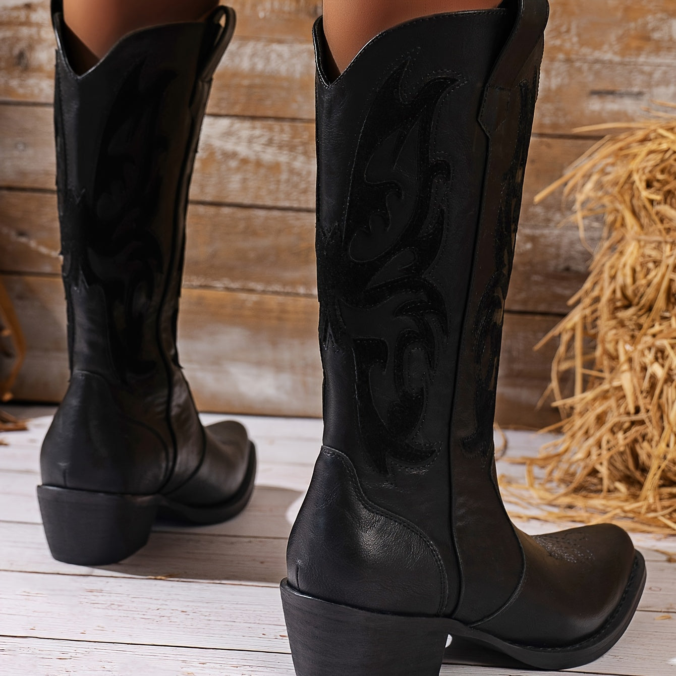 Women's Western Cowboy Boots Mid-Calf Square Toe Casual Rubber Sole