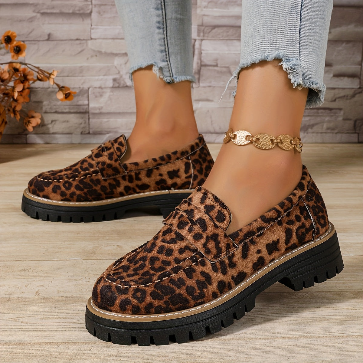 Women's Leopard Print Platform Loafers Wide Fit Casual Flat Shoes