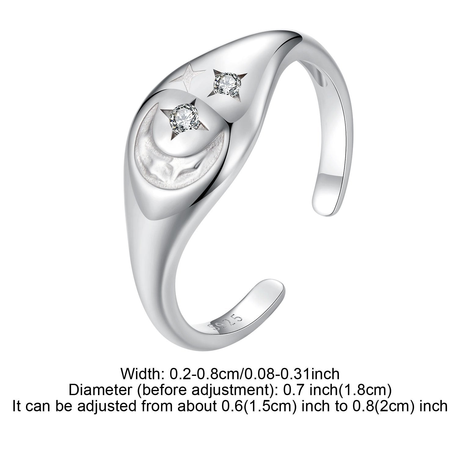 Women's Silver Open Ring with Star and Moon Design and Synthetic Zirconia Stones