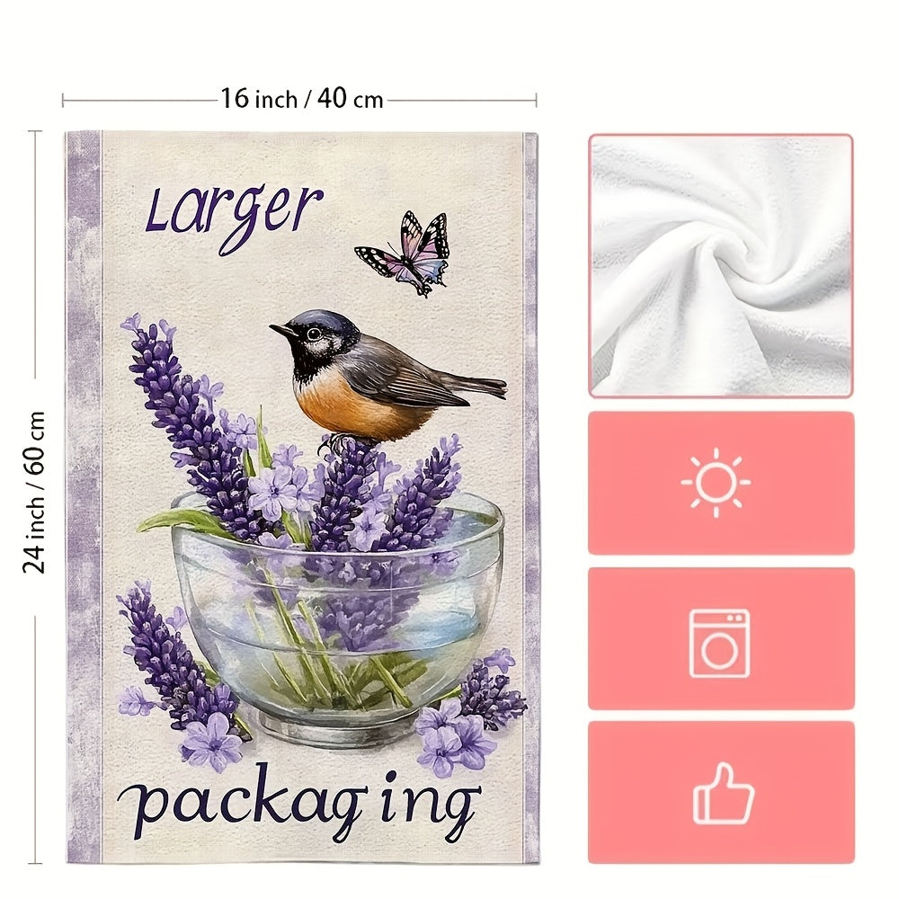 Lavender Kitchen Towels Set with Birds and Butterflies, Highly Absorbent, 16x24 Inches