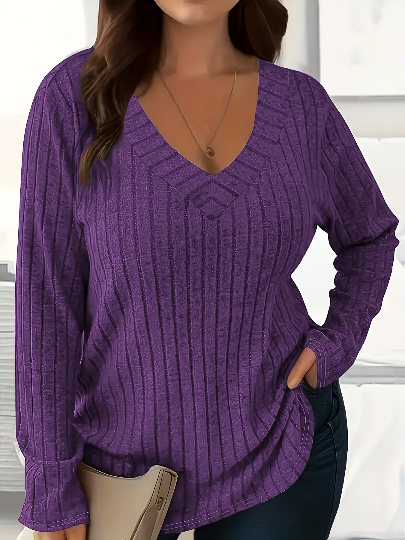 Women's Plus Size V-Neck Sweater Long Sleeve Knit Solid Color Fall Winter