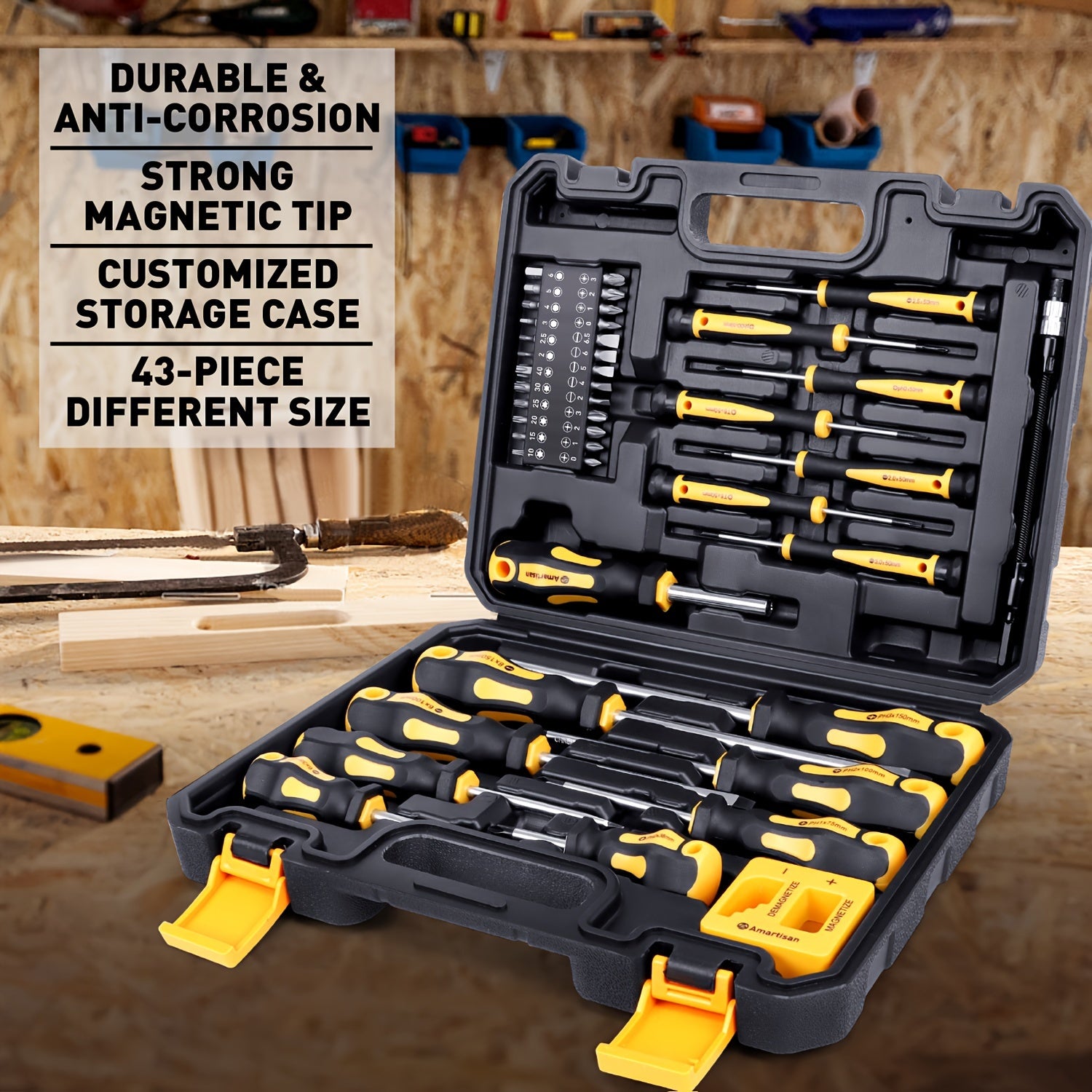 Magnetic Screwdriver Set 43 Pieces Chrome Vanadium Steel Black Yellow Professional Tools