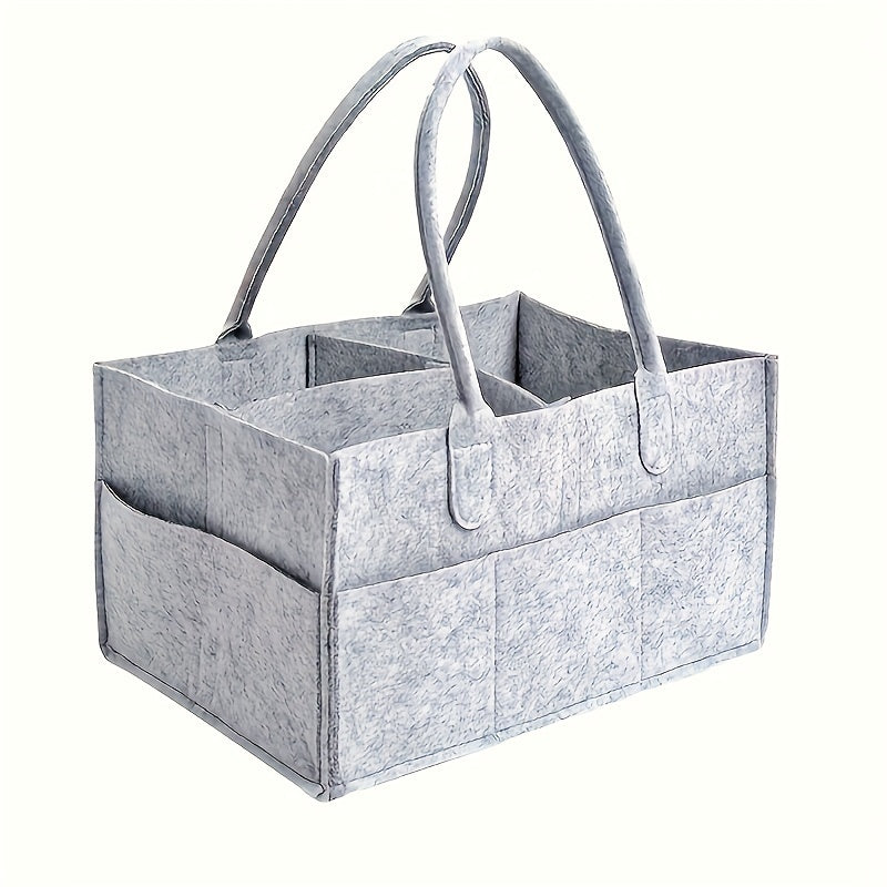 Gray Felt Diaper Organizer with Handles, Foldable Storage for Diapers and Wipes