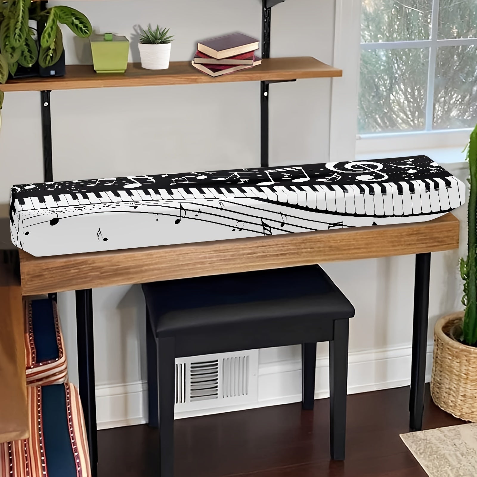 Funda de polvo para teclado de piano en blanco y negro para 61/88 teclas, material elástico resistente a las manchas