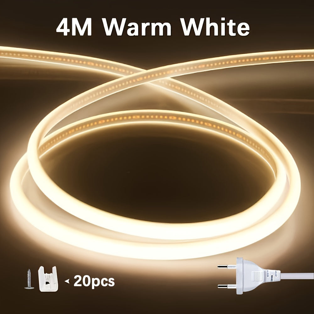 Luz de tira LED COB flexible de 220V 12W/m para interior y exterior, cortable, blanca