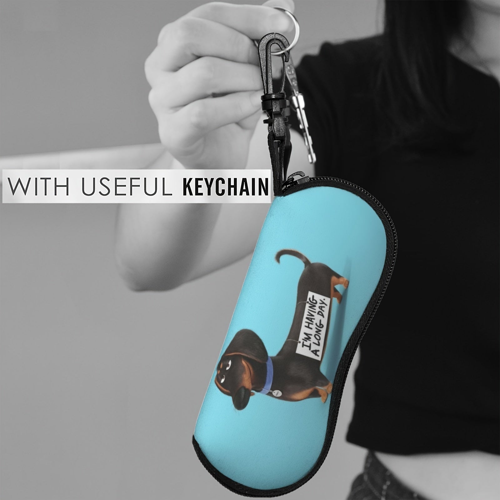 Портативный футляр для очков с милым узором щенка таксы и мультяшным принтом, включает в себя брелок и изготовлен из мягкого неопрена с застежкой на молнии.