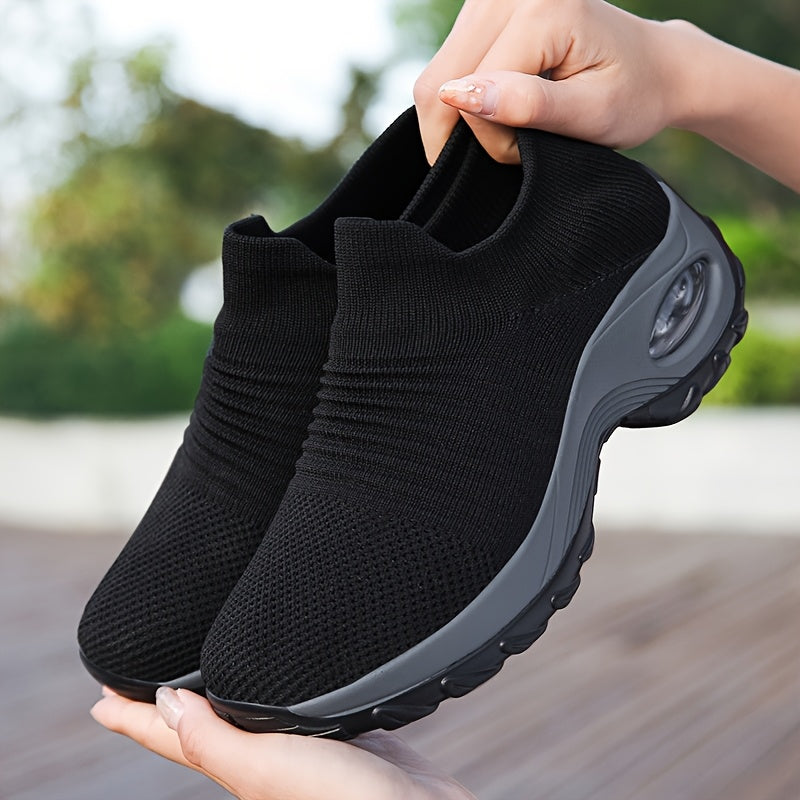 Women Knit Slip-On Walking Shoes Breathable Air Cushion Black Casual Sneakers