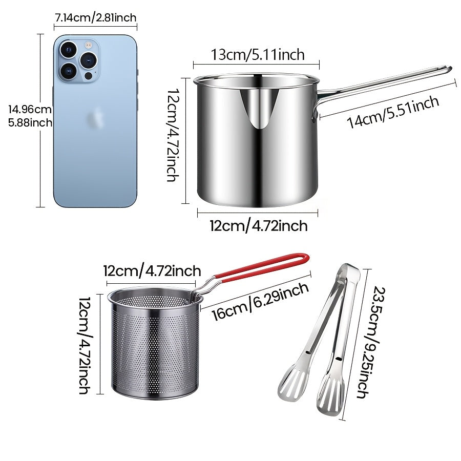 Глубокая фритюрница из нержавеющей стали 1,2 л с крышкой-решеткой, щипцами для домашнего кемпинга