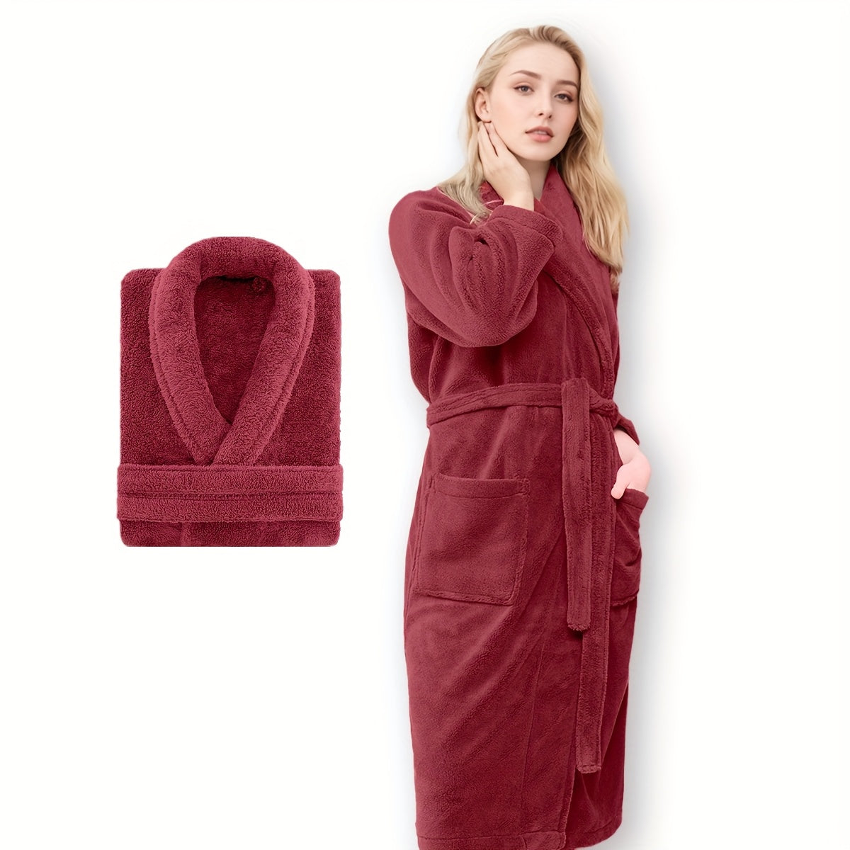 Unisex Fleece Bathrobe with Shawl Collar Soft Machine Washable