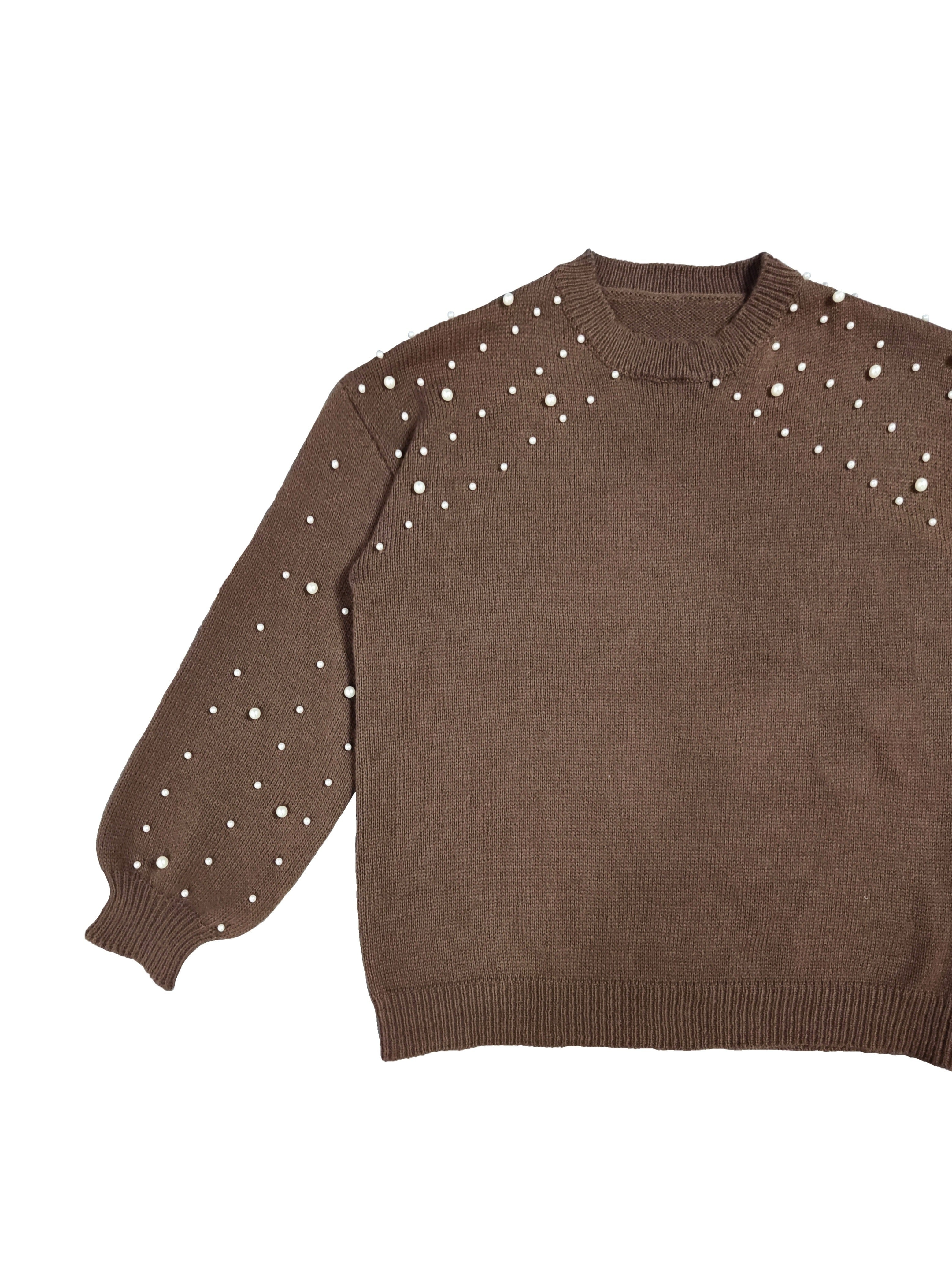 Plus Size Women's Knitted Sweater with Faux Pearl Decor Long Sleeve Pullover