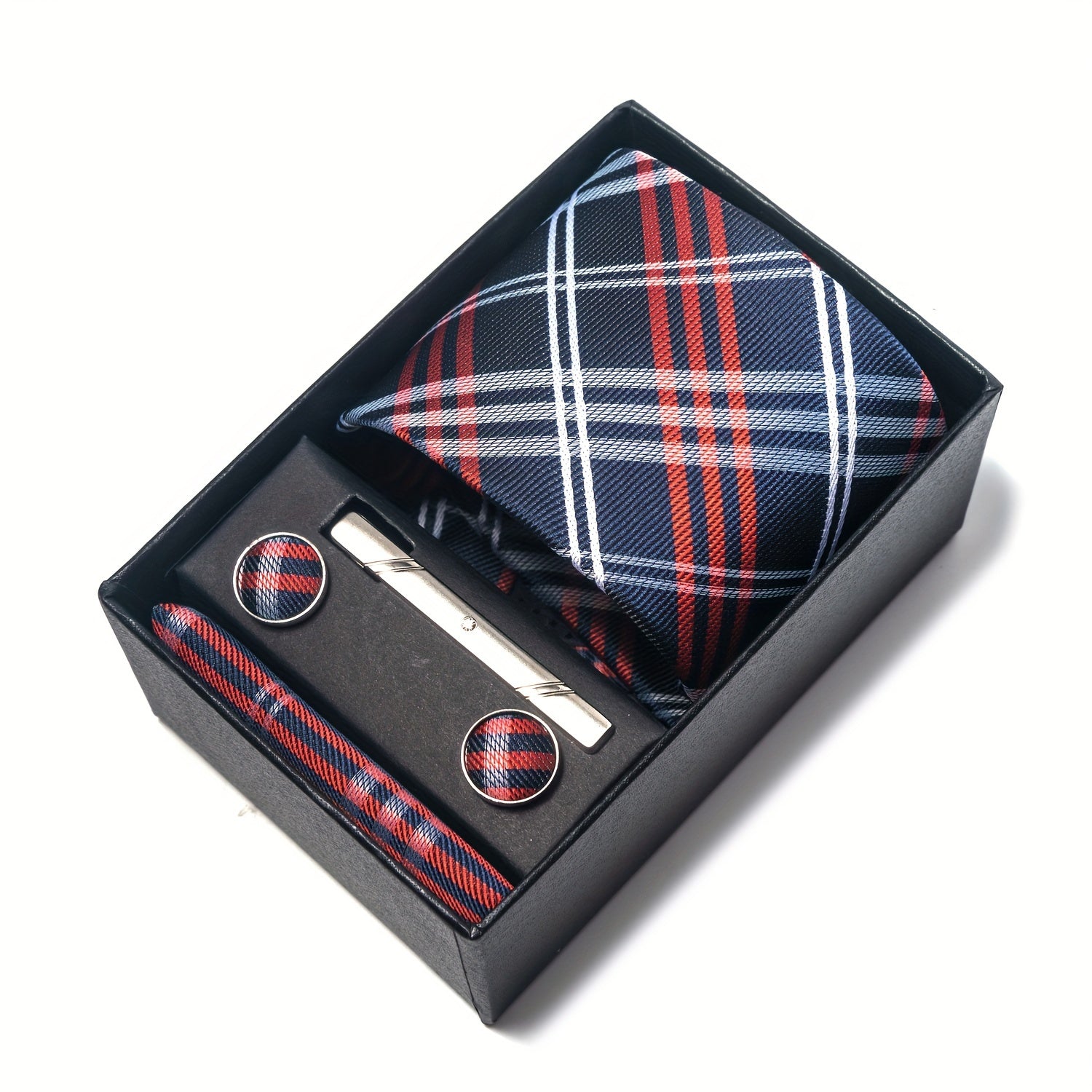 Men's Plaid Tie Set with Pocket Square Cufflinks and Tie Clip in Gift Box
