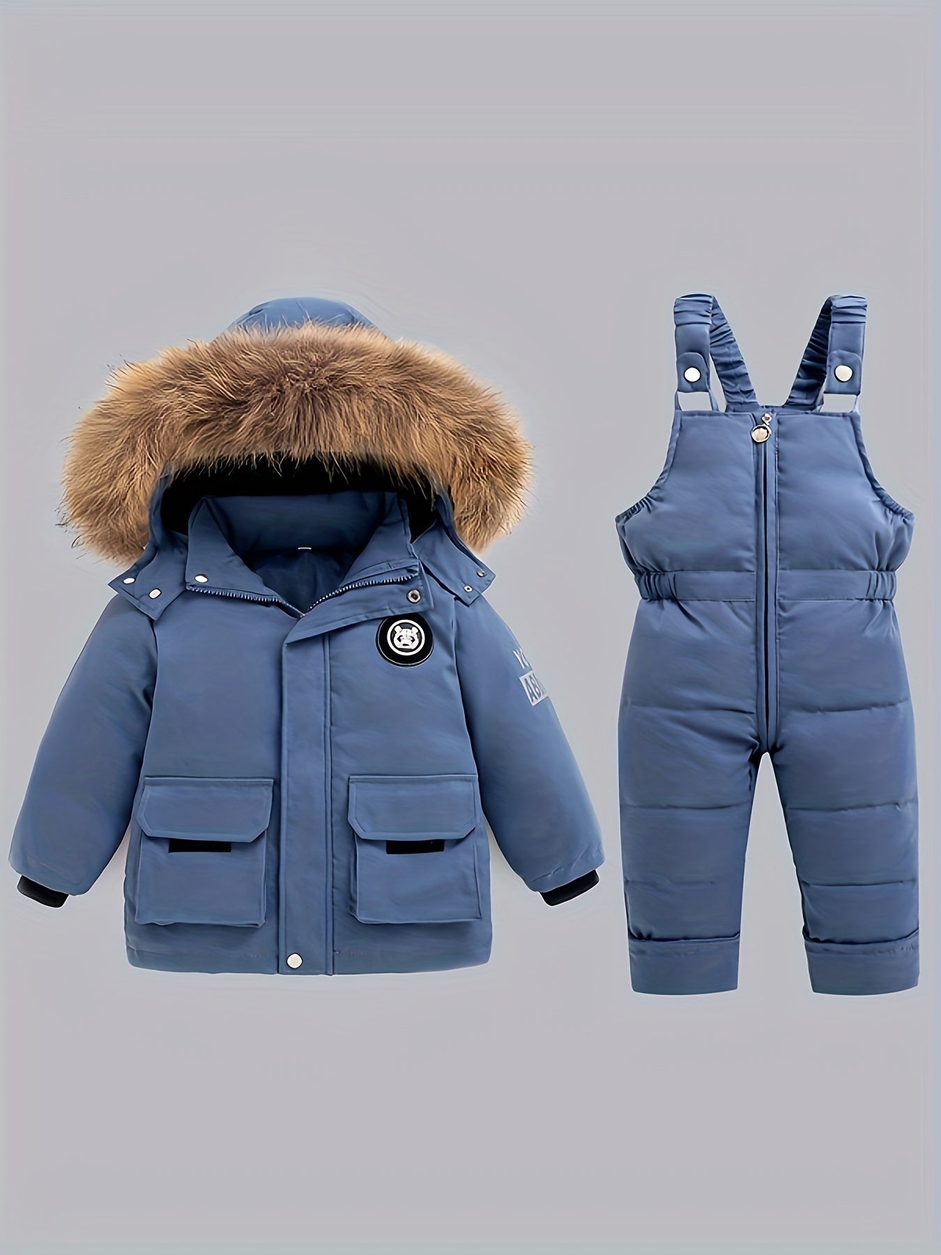 Kids' Winter Jacket and Overalls Set for Boys and Girls Polyester Hooded Zipper Coat and Snow Pants