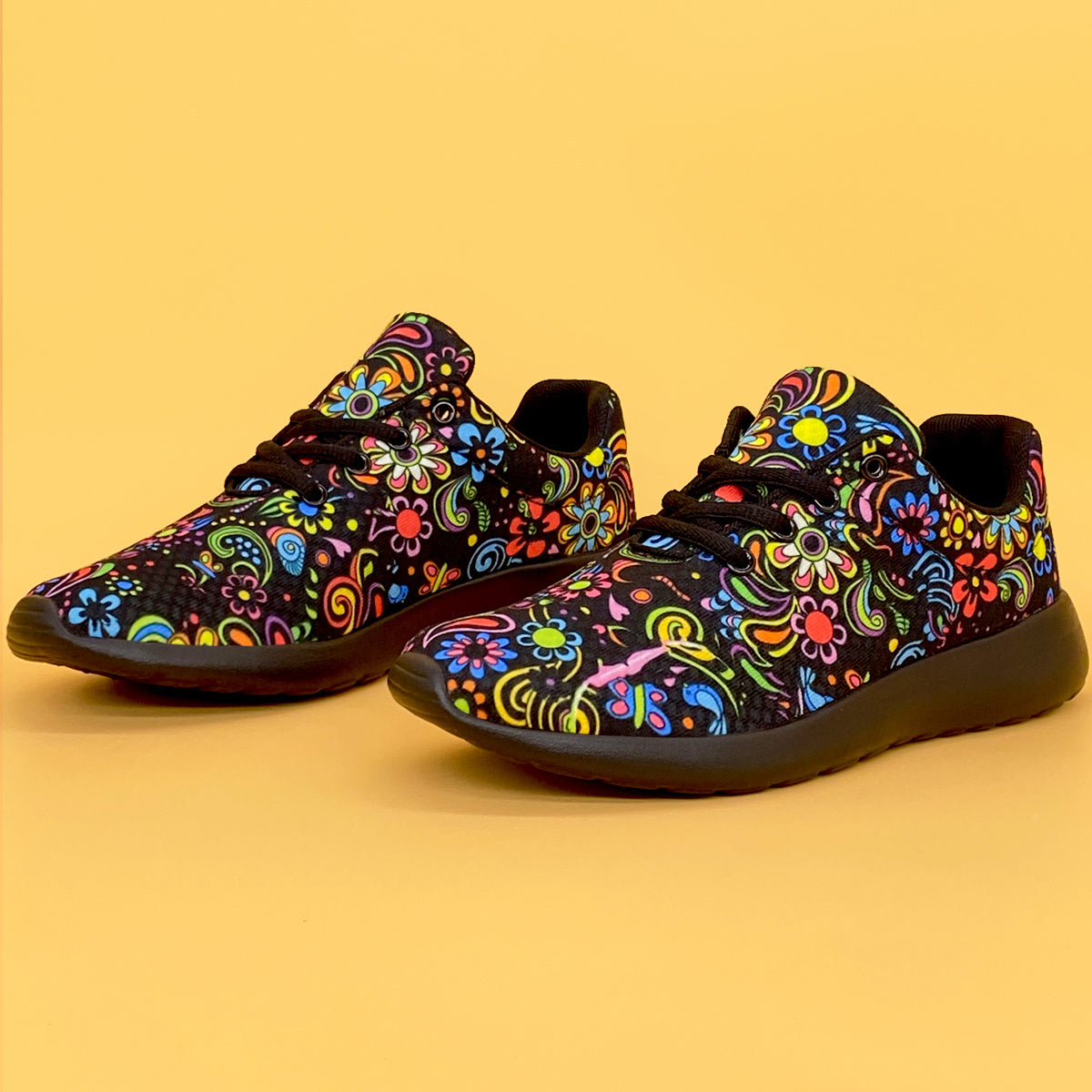 Women's Lightweight Sneakers with Mexican Flower Pattern Lace-Up Running Shoes