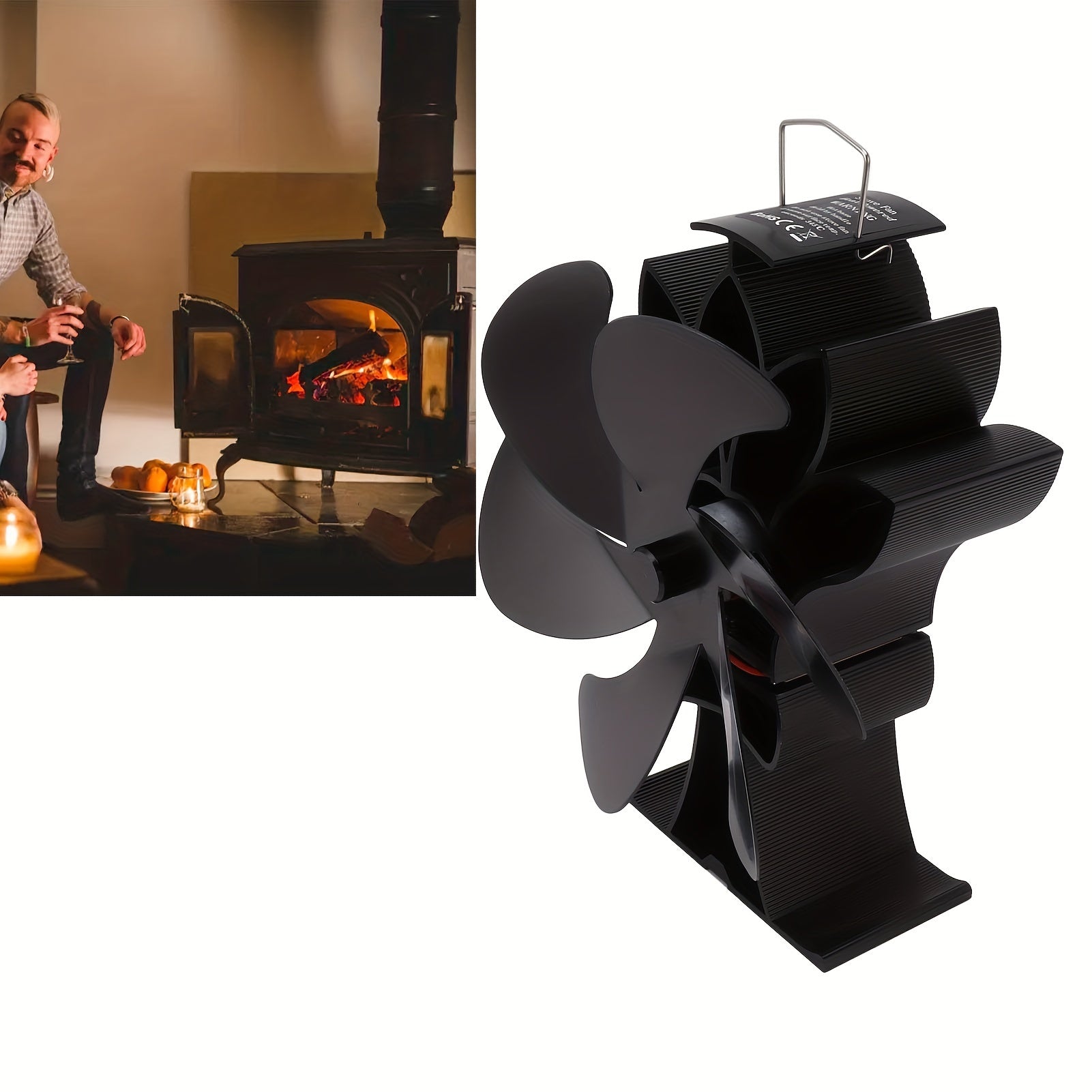Issiqlik bilan ishlaydigan pechka ventilyatori, 6 ta alyuminiy pichog'i bilan, past shovqin uchun, uy log'li pechka uchun mos, qora rang, uy jihozi