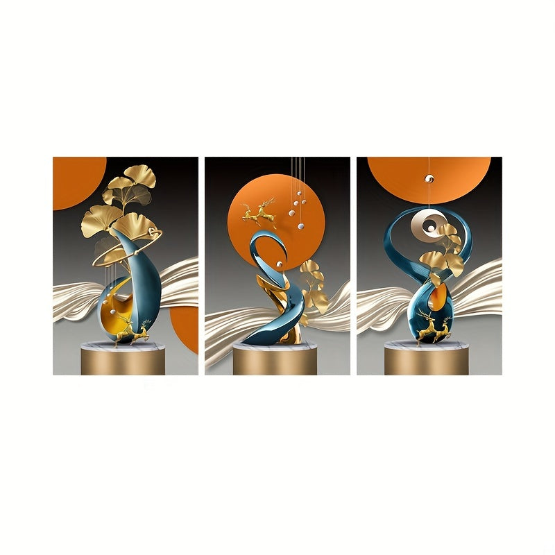 Golden Deer Ginkgo Leaf Canvas Wall Art Set of 3 Modern Unframed Home Decor for Living Room Kitchen Office