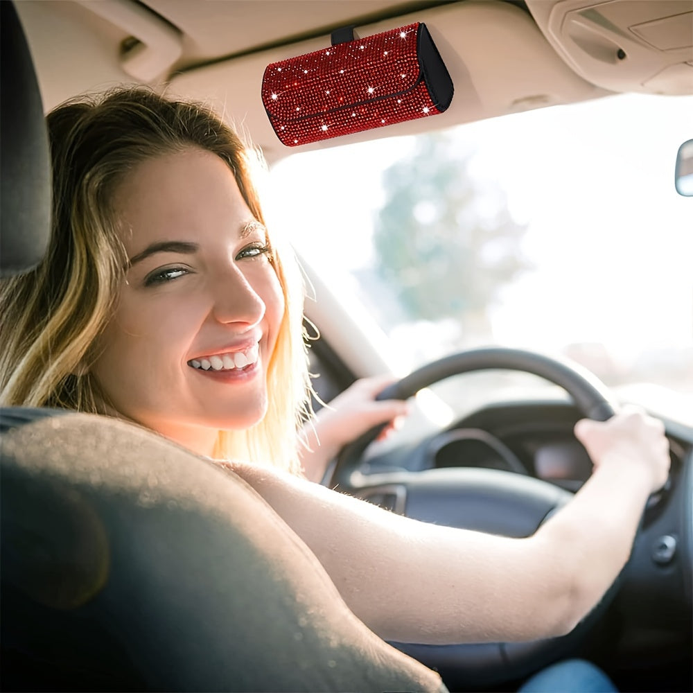 Unisex Sparkling PU Leather Car Glasses Holder Sun Visor Organizer