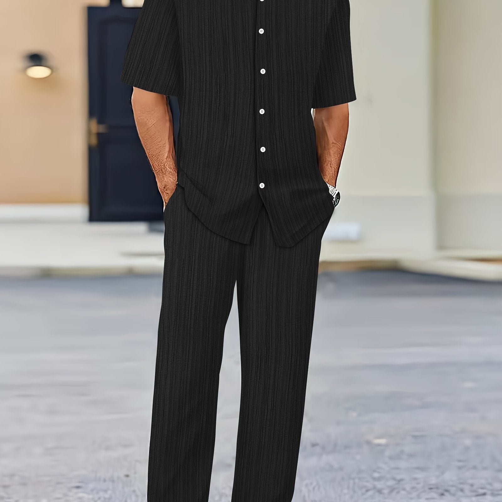 Men's Short Sleeve Striped Sweatsuit Set with Button Collar and Elastic Waist Pants Summer Woven Polyester Spandex