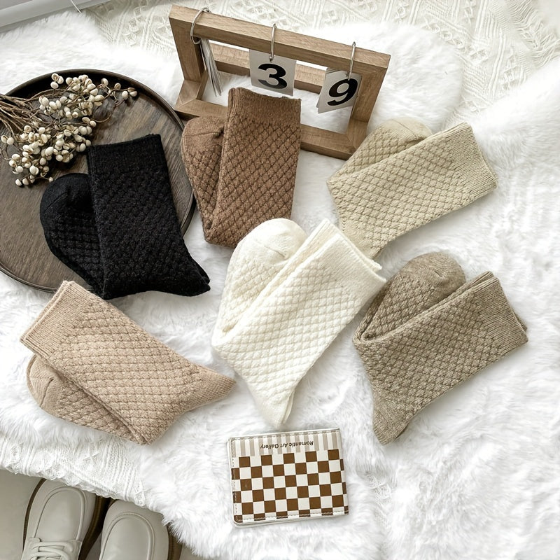 Women Mid Tube Socks 6 Pairs Rhombus Pattern Fuzzy Polyester Spandex