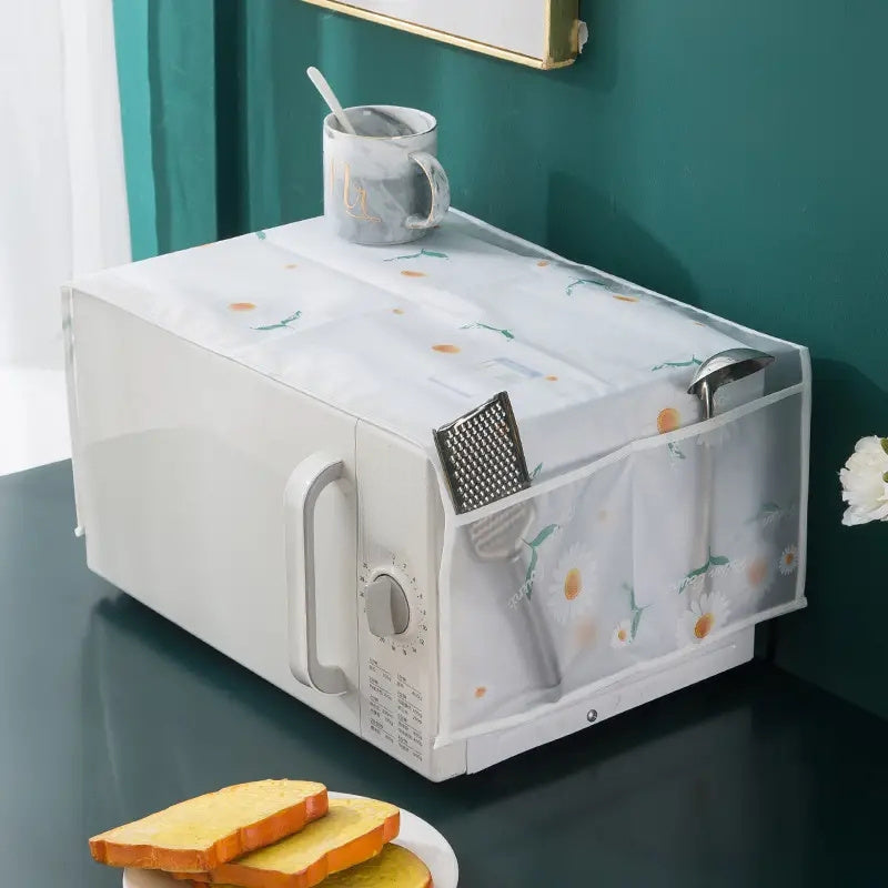 White Cartoon Pattern Kitchen Appliance Cover with Side Storage Pockets for Microwave