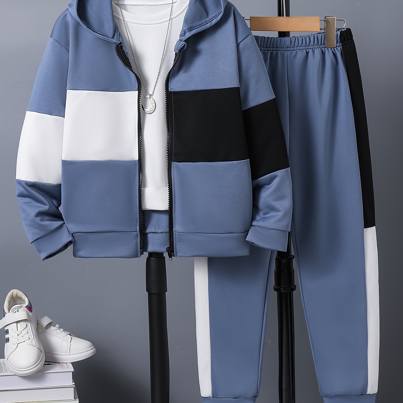 O'g'il bolalar uchun 2-qismli rangli blokli kapüşonli kiyim to'plami, fermuarlı kapüşon, uzun yengli pullover va shimlar to'plami, kundalik yoki ochiq havoda kiyish uchun mukammal.