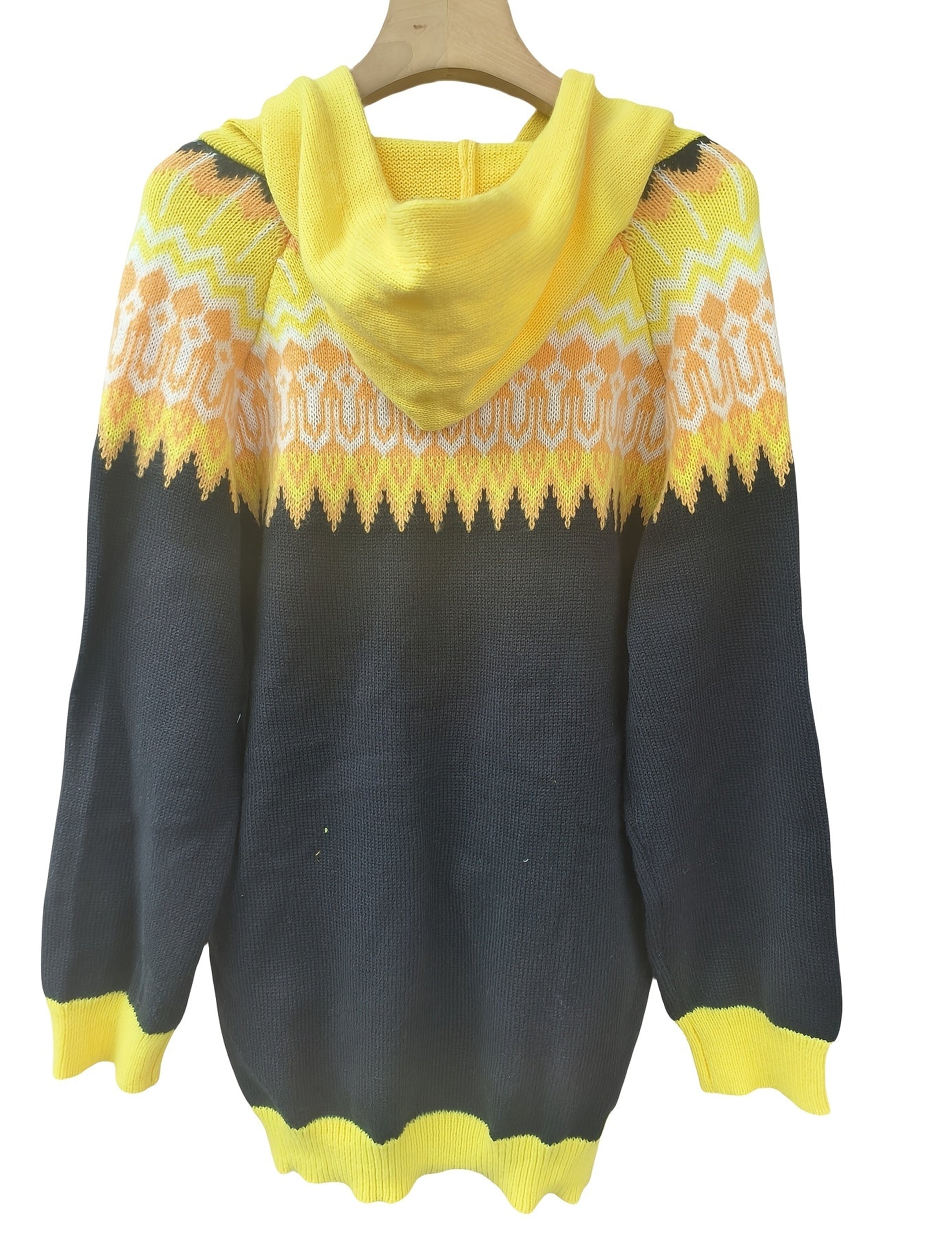 Plus Size Womens Cozy Geometric Pattern Cardigan Hooded Long Sleeve Sweater Black Yellow