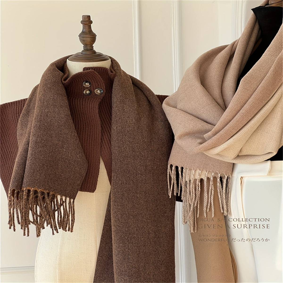 Unisex Cashmere Blend Color Block Scarf with Tassels and Fringe