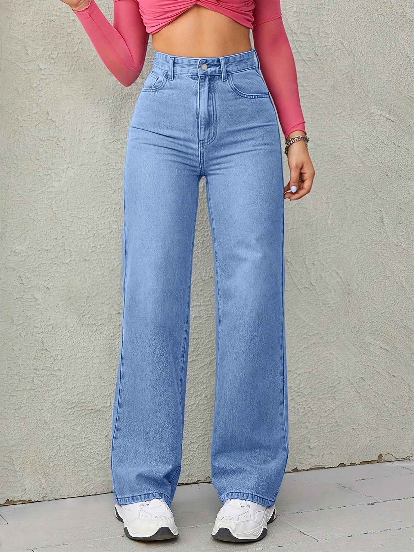 Women's Sky Blue High-Waisted Wide Leg Jeans with Medium Elasticity