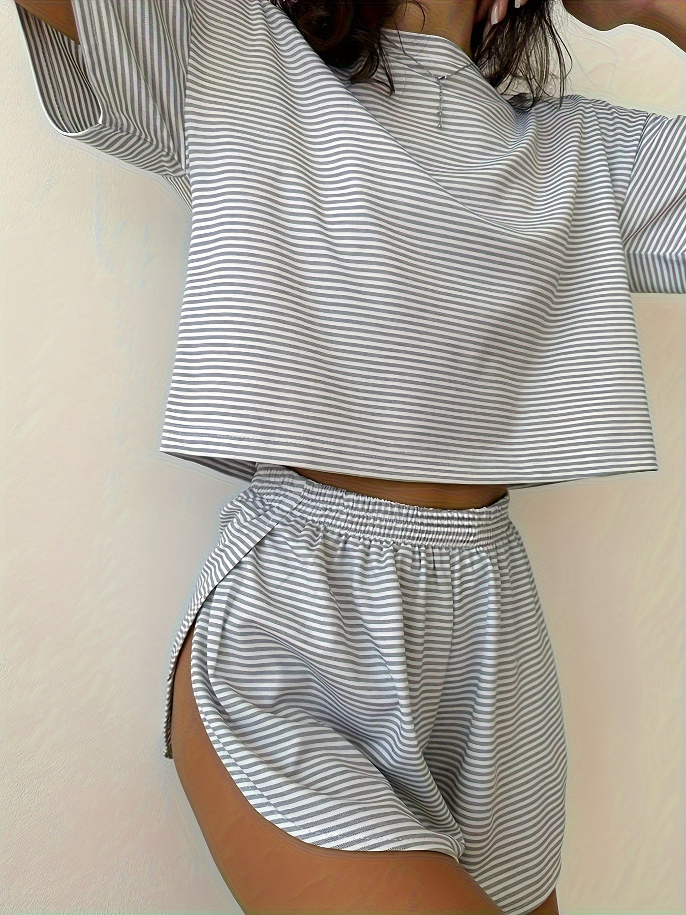 Women's Casual Pajama Set with Striped Knit Top and Shorts All-Season Sleepwear