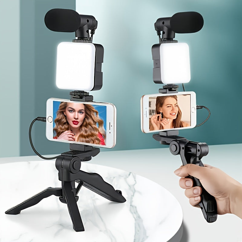Smartfon video to'plami, gimbal, LED chiroq, tripod o'rnatish va selfilar, vloglar va fotosuratlar uchun mikrofon bilan.