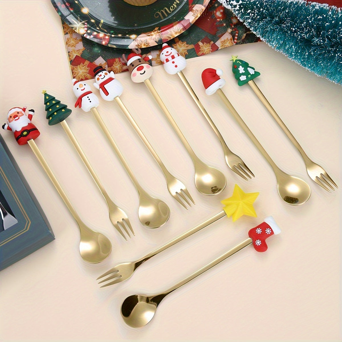 Set of 6 Christmas Doll Kitchen Utensils with Tree Designs for Holiday Gift