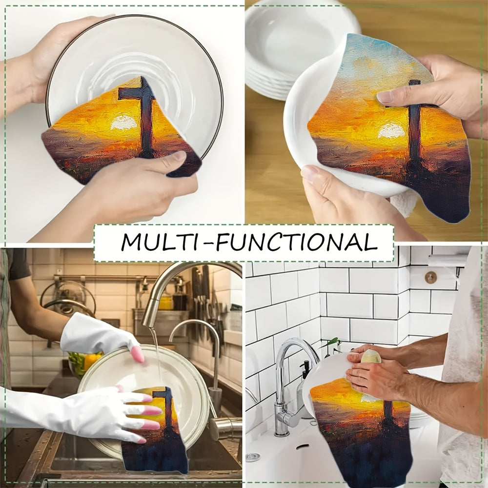 2 Pieces Ultra Soft Kitchen Towels Easter Sunrise Oil Painting Style Absorbent Dish Hand Towels