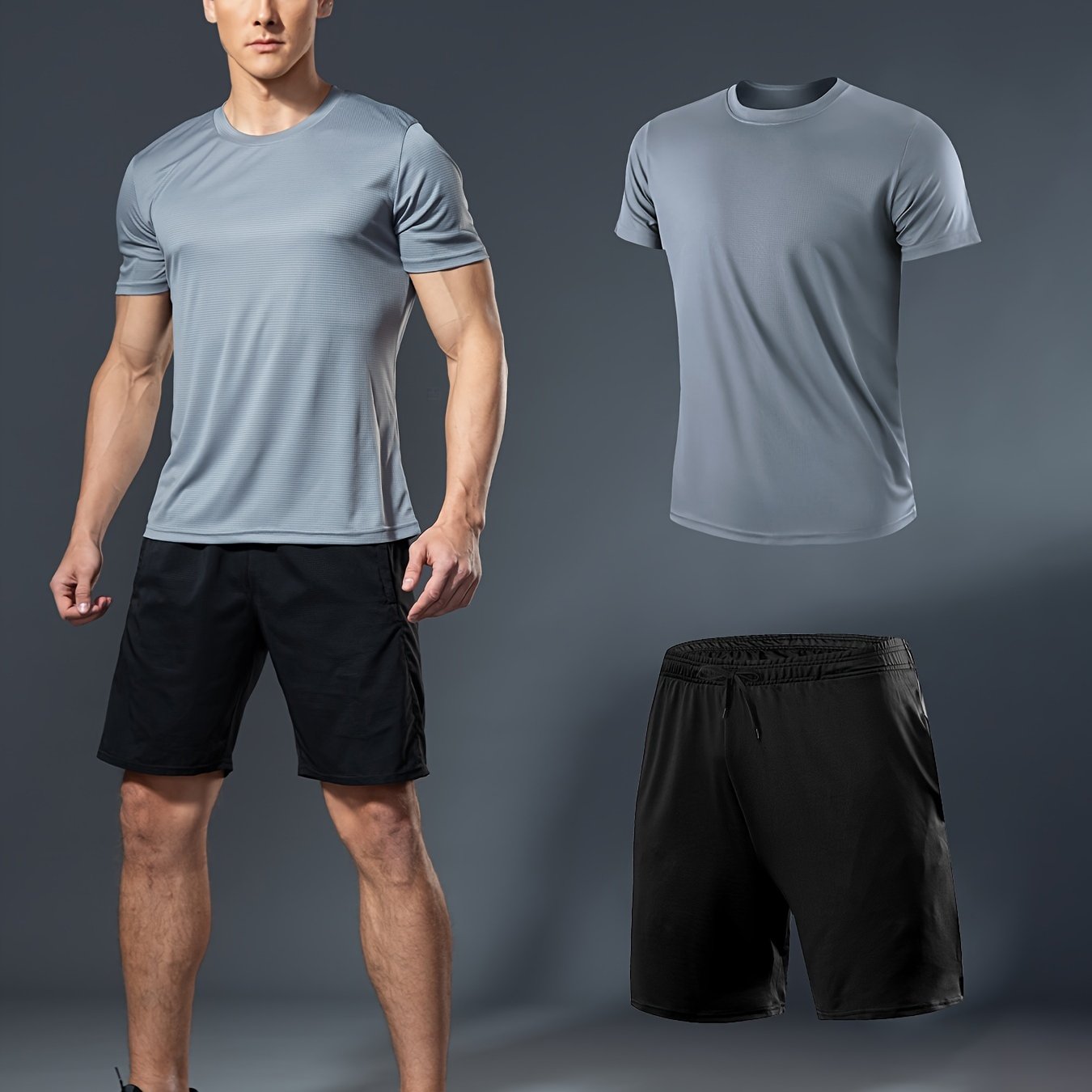Men's Summer Fitness Set White T-Shirt Black Shorts Lightweight Quick-Dry Breathable Polyester Sportswear