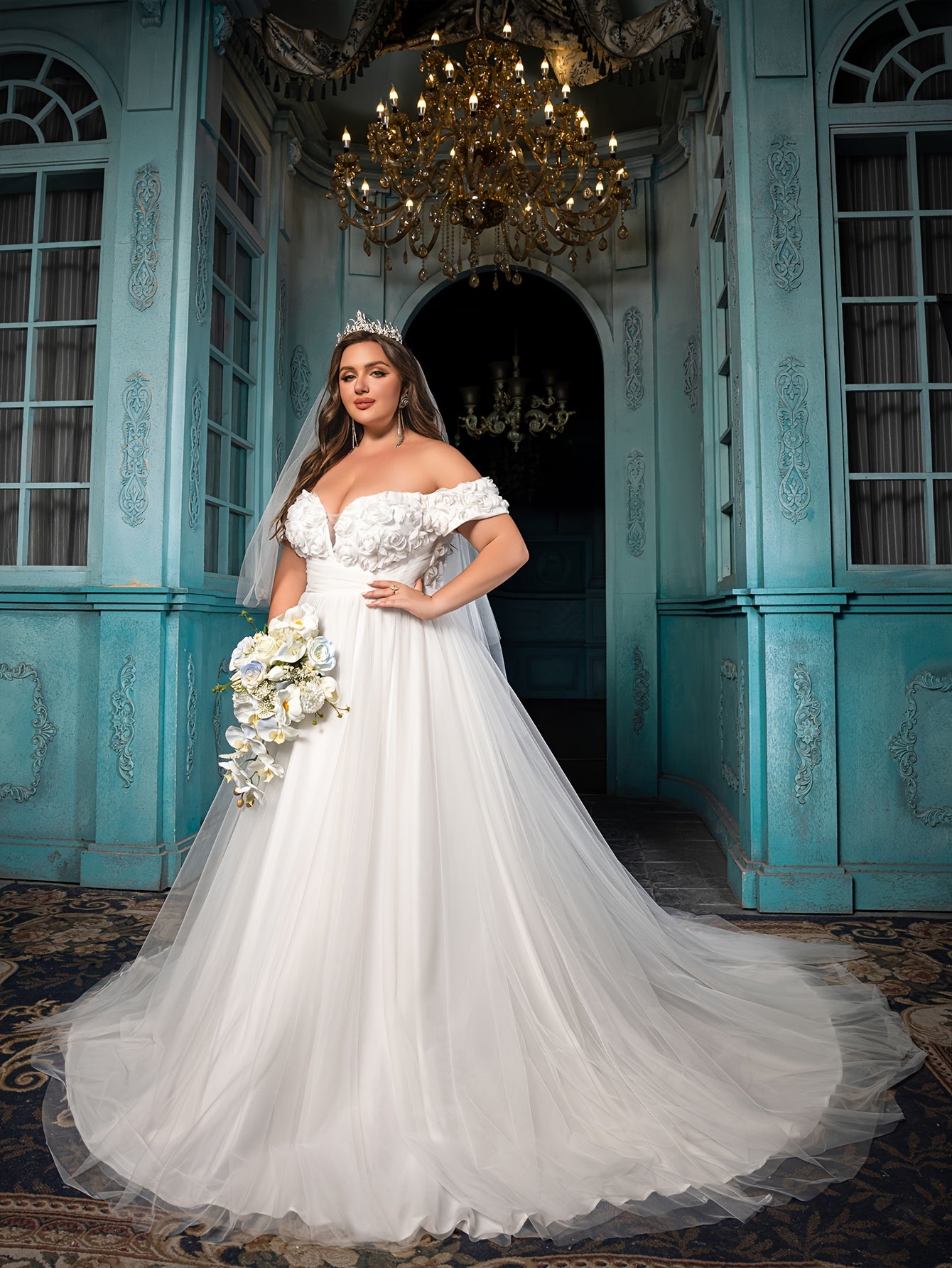 Plus Size Off Shoulder Wedding Dress A-Line Bridal Gown Ruffled Sleeves