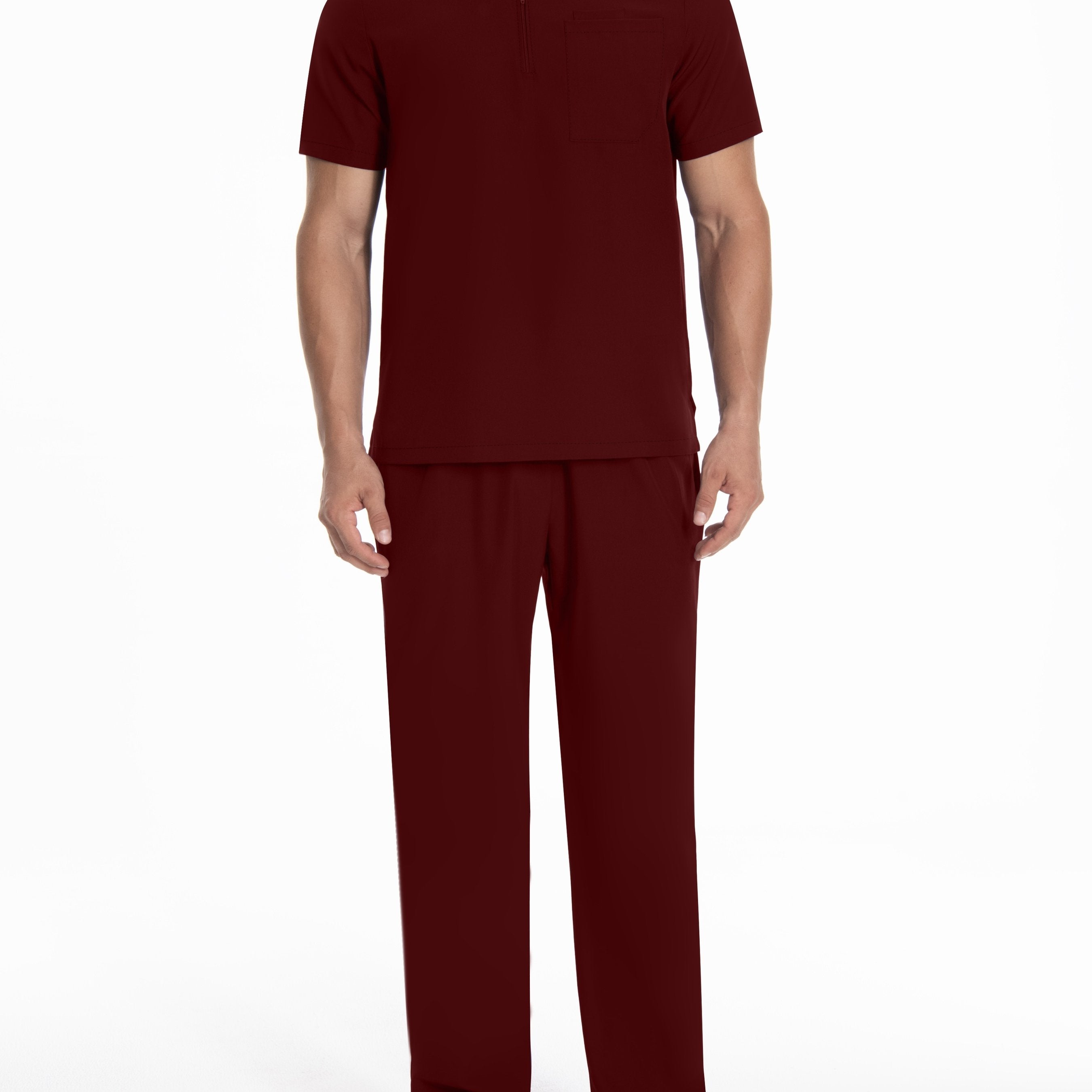 Erkaklar uchun konservativ uslubda polyester ish kiyimlari to'plami. Mustahkam rang, to'qilgan mato, kichik turli ko'ylak, odatdagi kesim, cho'ntaklar va bel halqalari bilan.