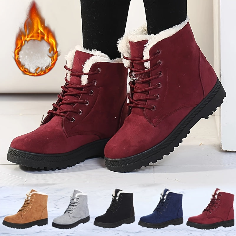 Women's Solid Color Short Boots Casual Lace-Up Plush Lined Winter Ankle Boots