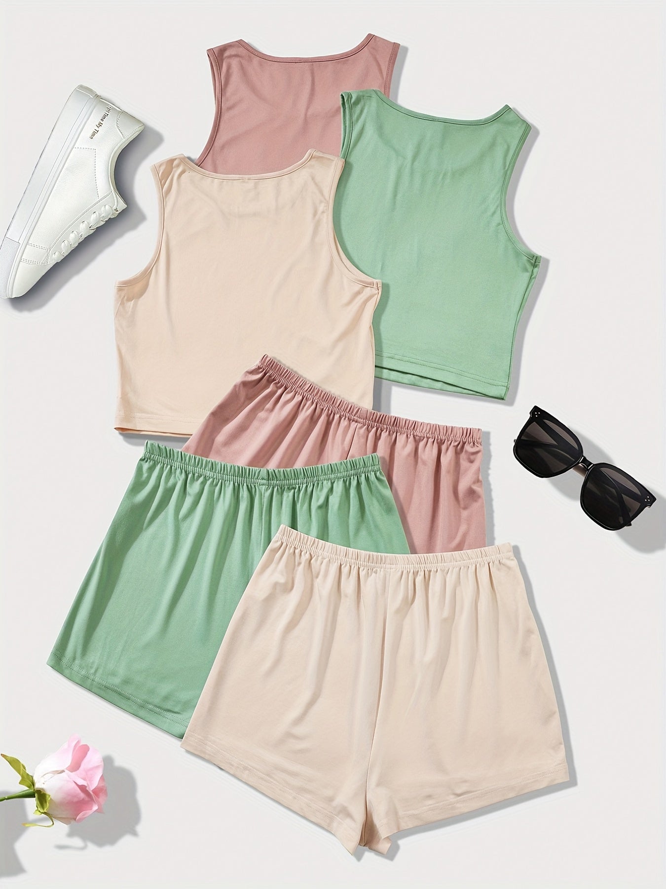 Women's Pajama Set 3-Piece Sleeveless Vest and Shorts Solid Color Micro Elastic Polyester Spring Summer