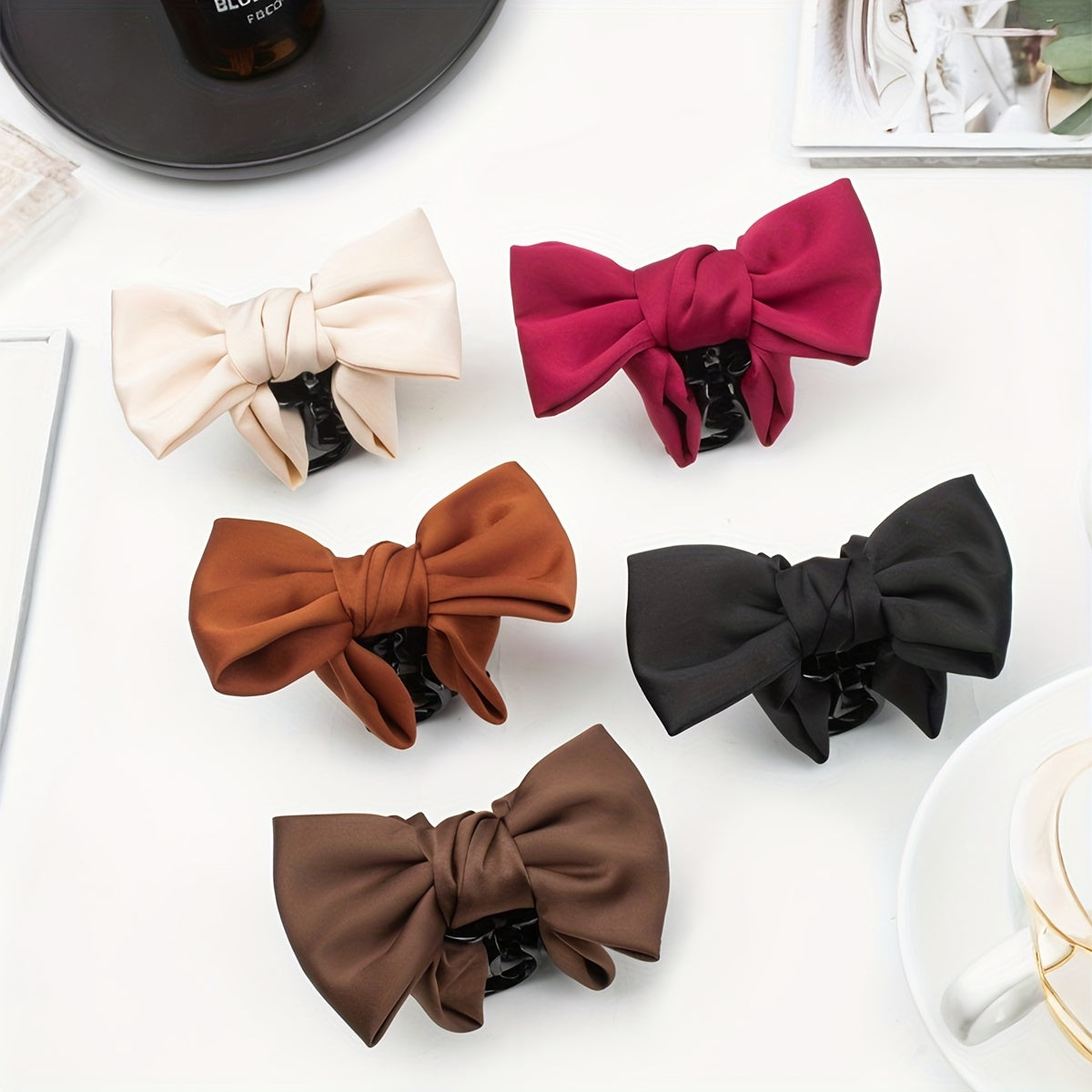 Women's Hair Clip Bowknot Non-Slip Fabric Hair Accessory for Ponytails in Khaki and Black