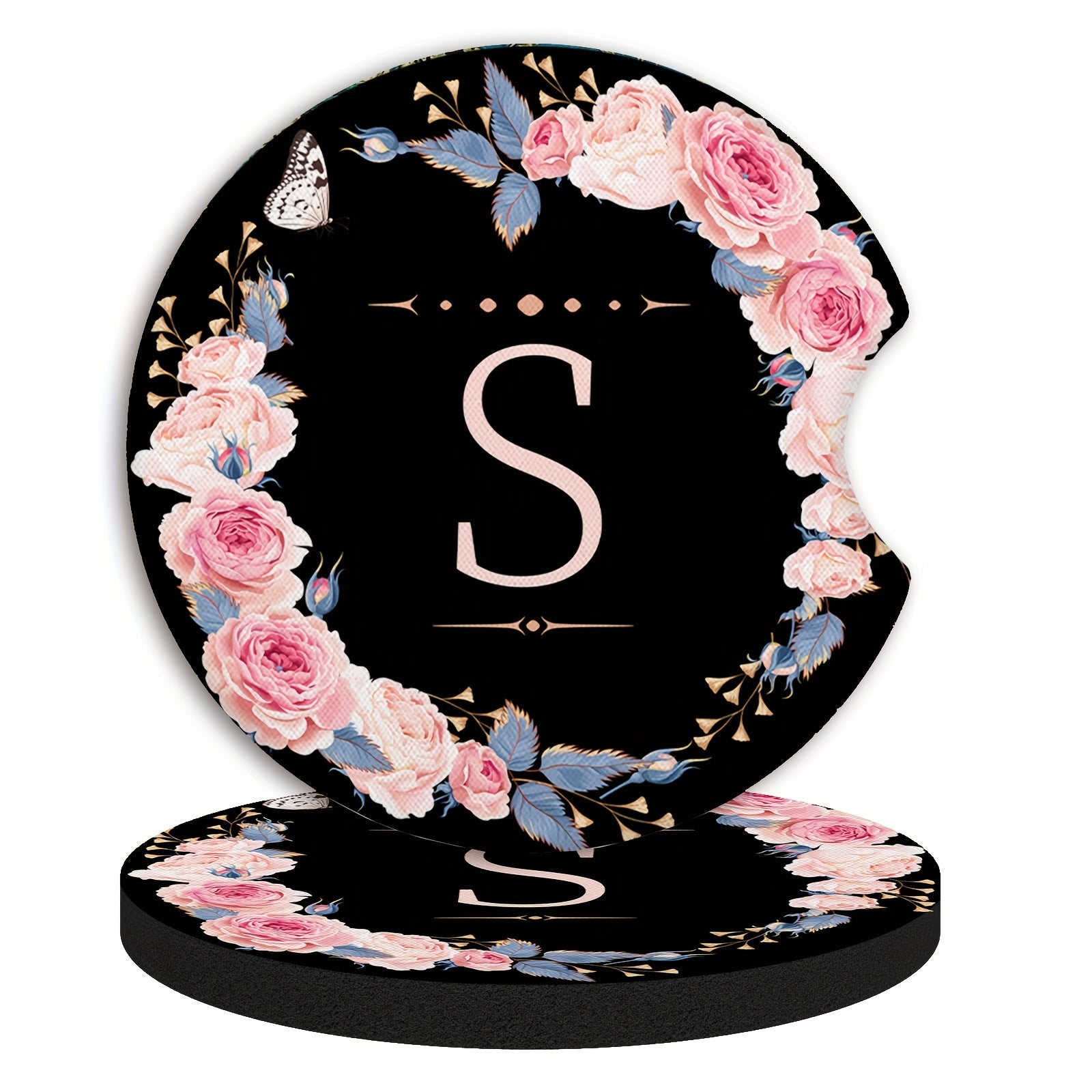Unisex Rubber Car Coasters 2 Pack Waterproof Floral Monogram Drink Holders