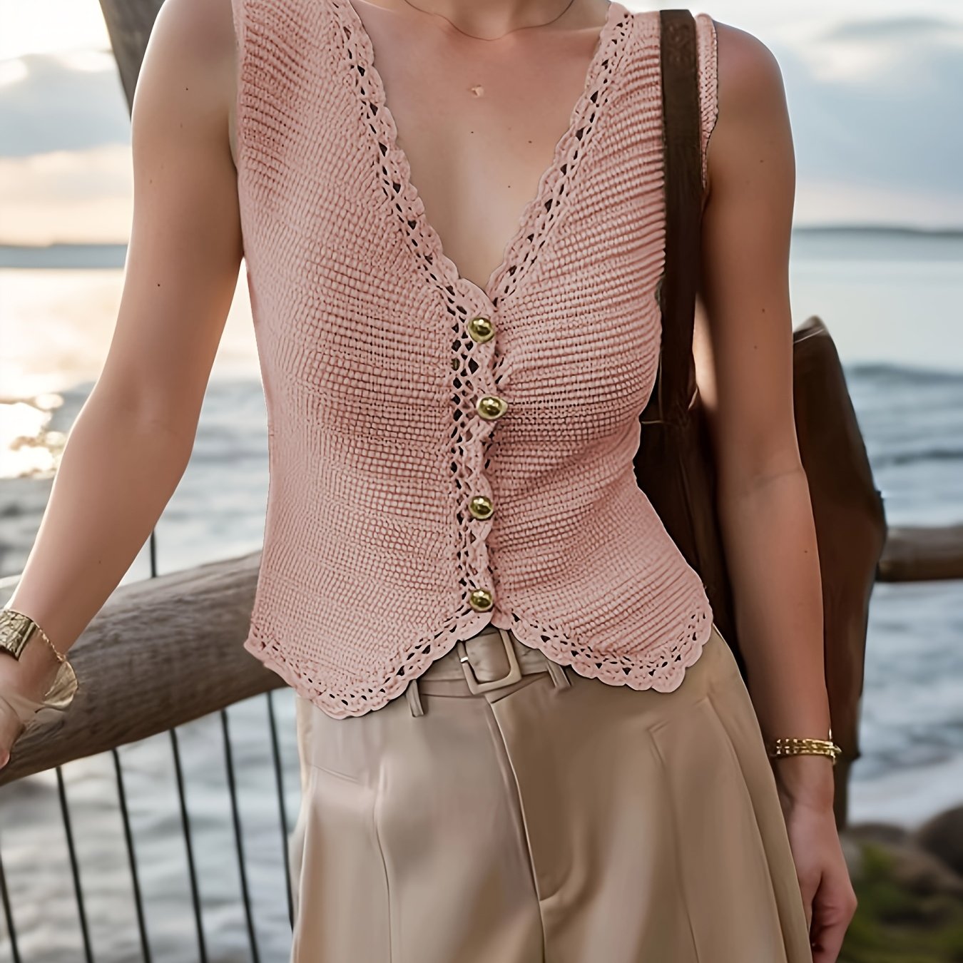 Plus o'lcham ayollar modasi bo'sh crochet V-shakli yengsiz yelek kofta