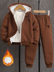 Boys' Casual Outfit Set with Hooded Jacket and Geometric Knit Pants for Fall Winter