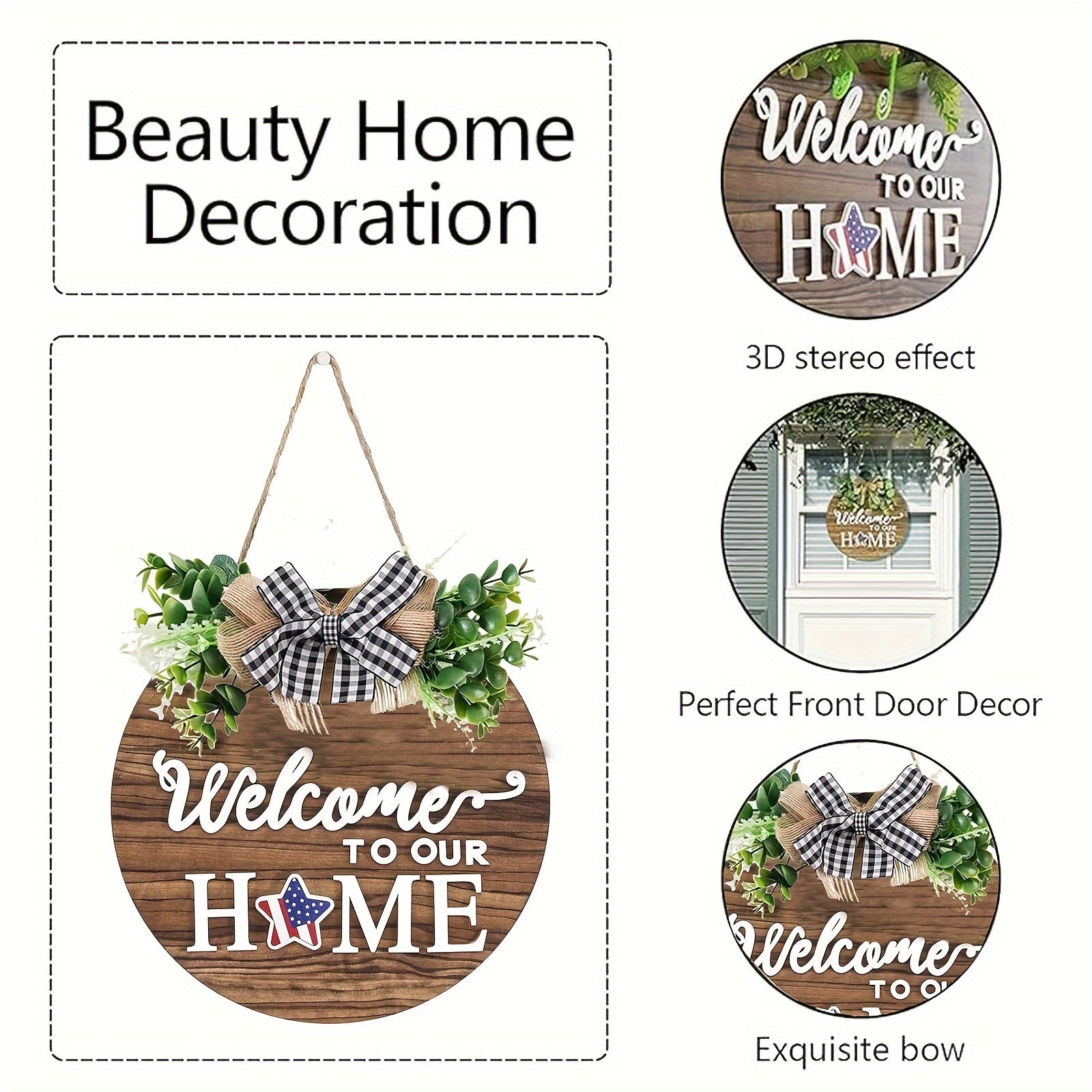 Ko'p maqsadli mavsumiy eshik belgisi - Rojdestvo, bahor, yoz va kuz uchun doira shaklidagi yog'och guldasta bezak - Oq va qora